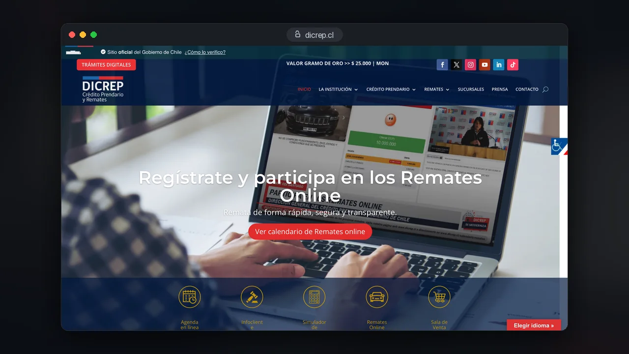 Sitio oficial de la DICREP invitando a participar en los remates online transmitidos en vivo