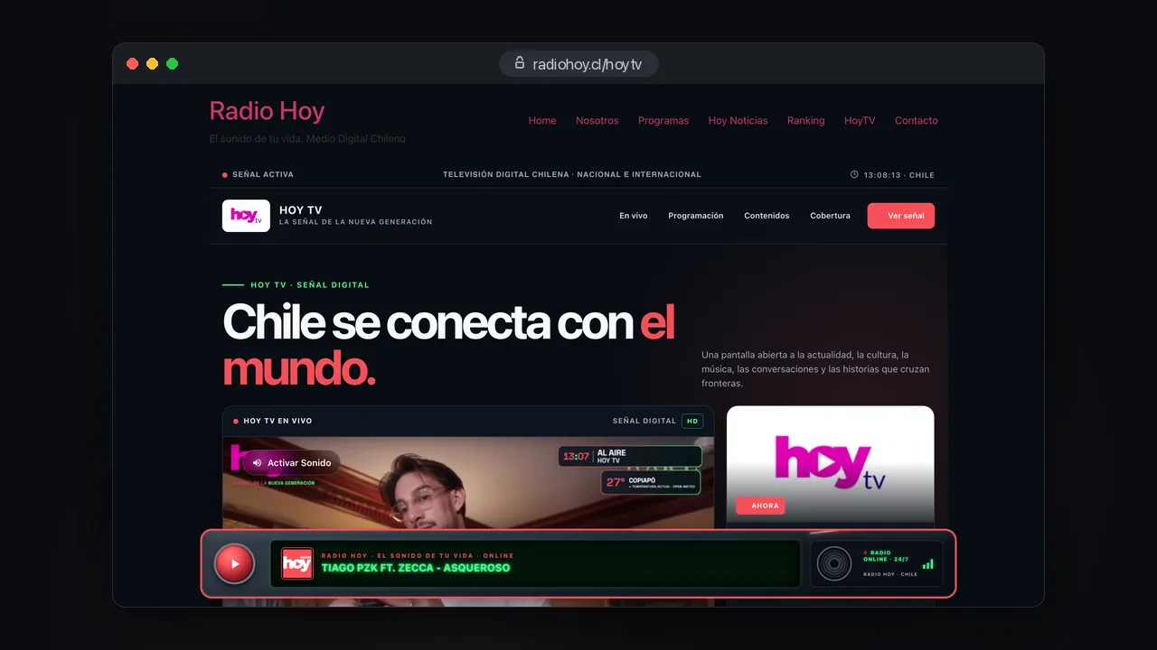 Sitio web de Radio Hoy con su señal Hoy TV reproduciéndose en vivo