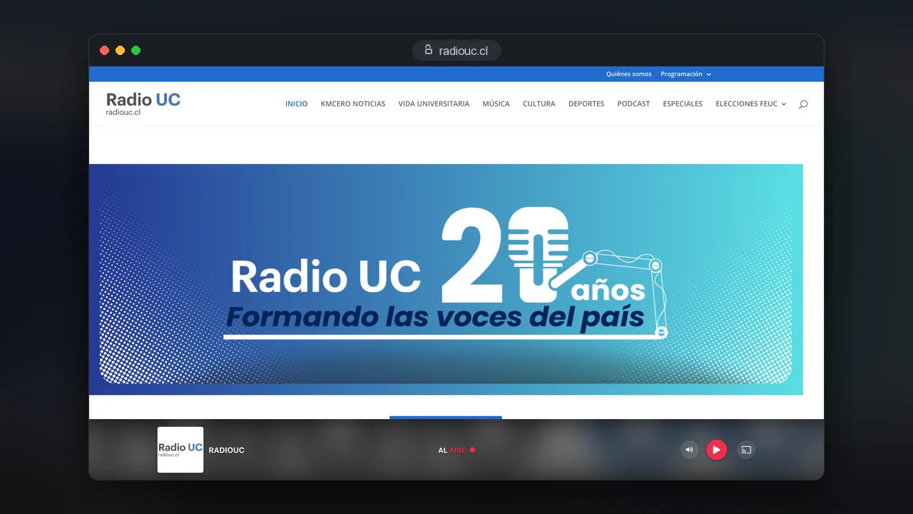 Sitio web de Radio UC con su reproductor en vivo
