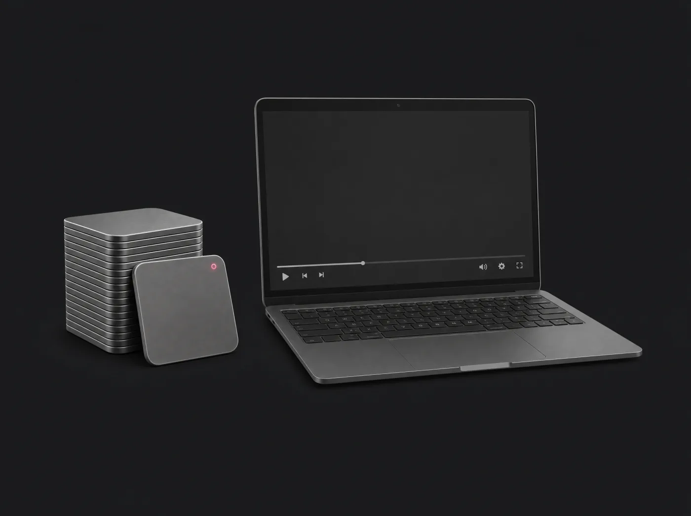 Calendario de titanio con una marca rosada junto a un notebook que muestra un reproductor de video