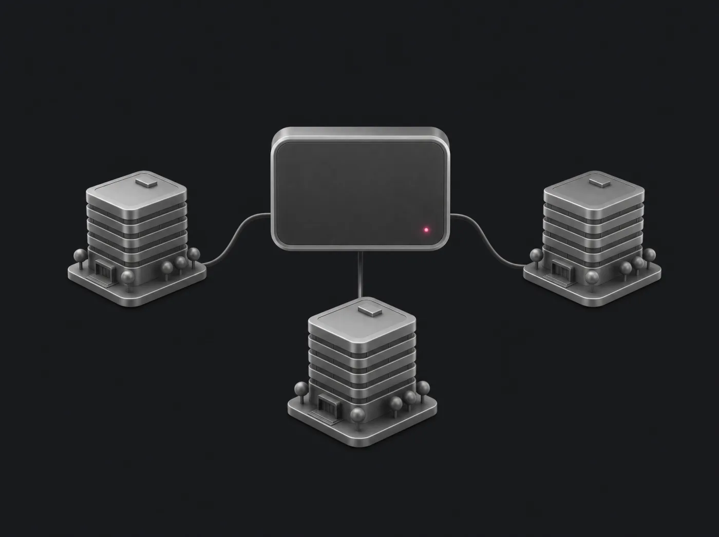 Tres edificios de oficina en titanio conectados a una pantalla central con un punto rosado en vivo