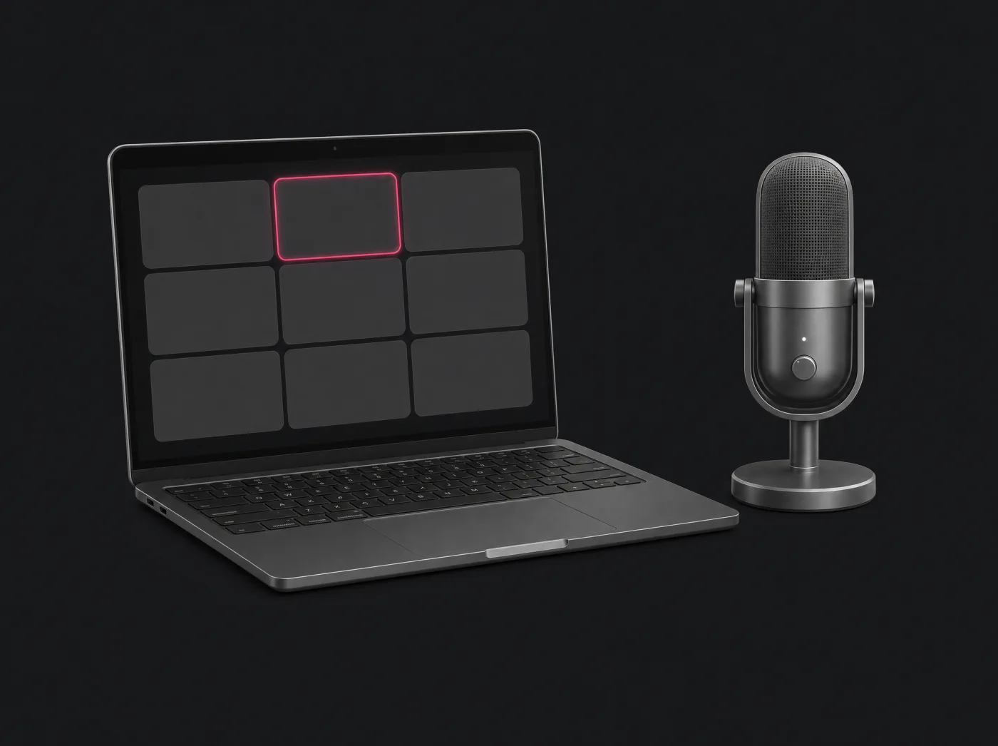 Notebook con una grilla de videollamada junto a un micrófono de titanio, con un recuadro rosado