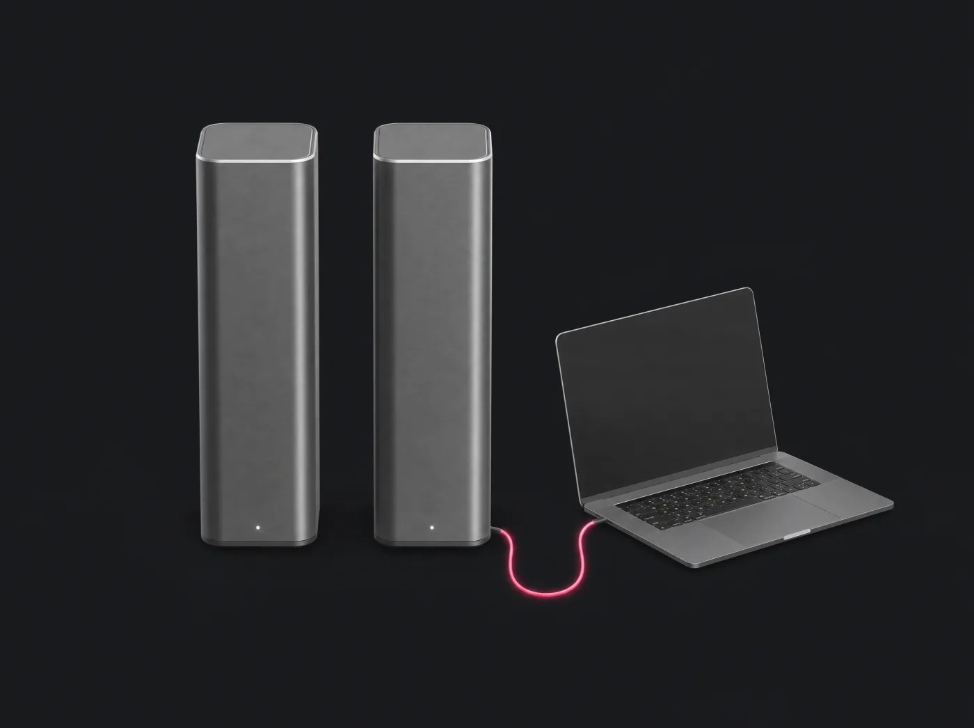 Dos torres de respaldo de energía en titanio conectadas a un notebook por un cable rosado