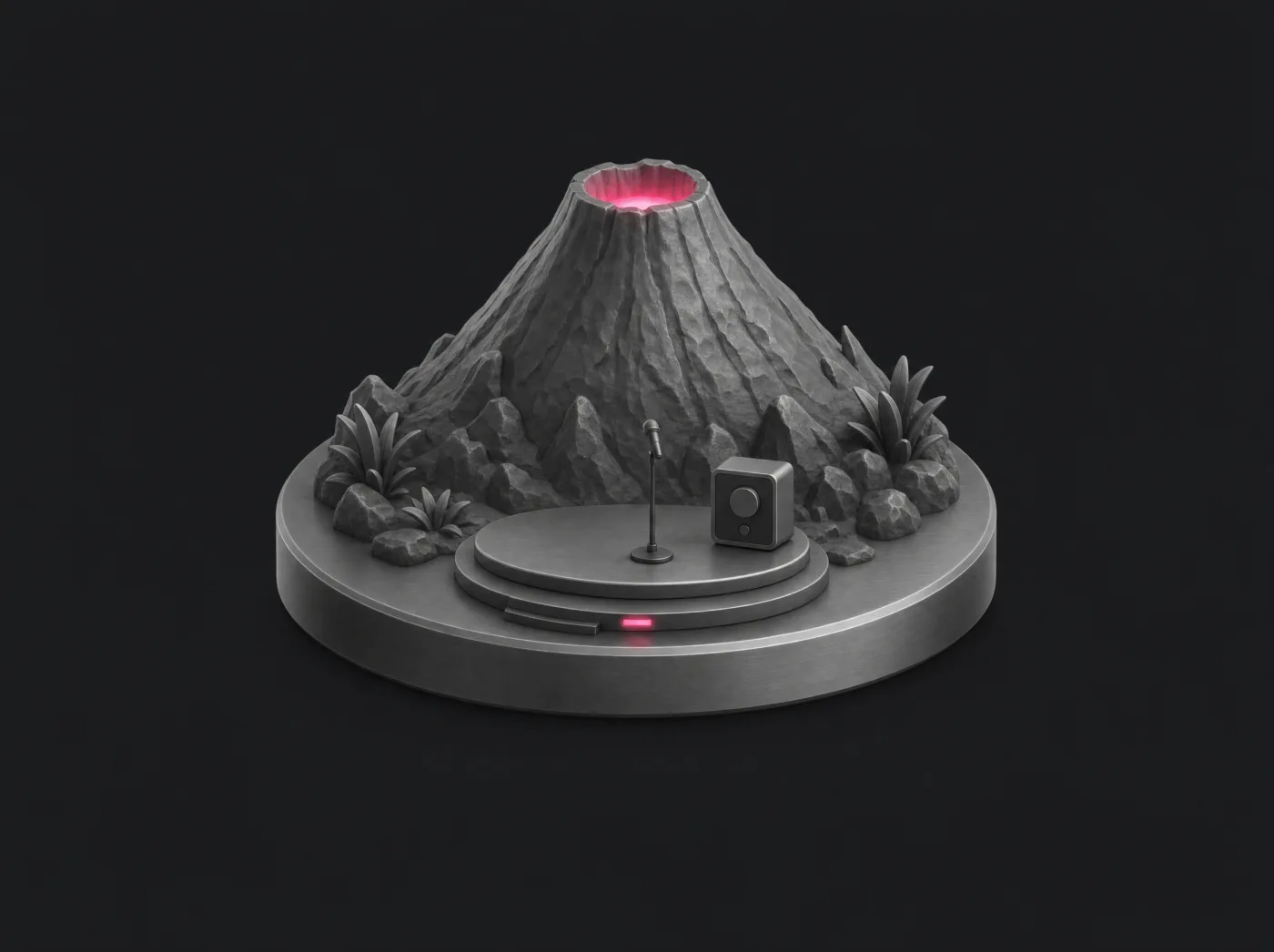 Volcán en miniatura de titanio con un pequeño escenario, un micrófono y una luz rosada