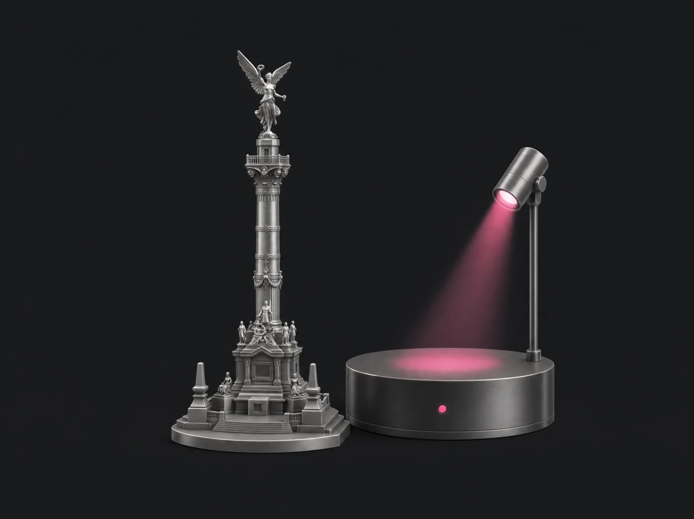 Columna del Ángel de la Independencia en titanio junto a un escenario de lanzamiento con luz rosada
