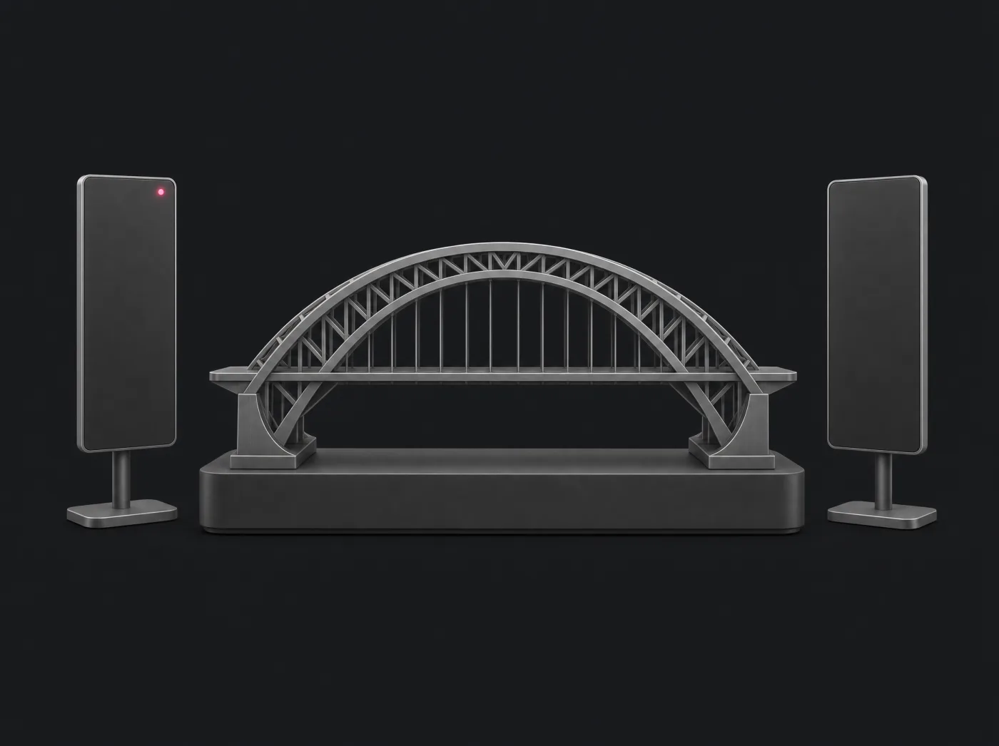 Puente de arco de titanio junto a dos pantallas de conferencia, una con un punto rosado en vivo