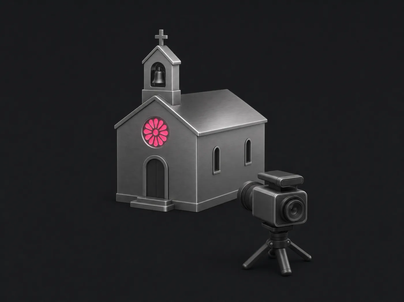 Capilla de titanio con un rosetón rosado encendido y una cámara de transmisión frente a ella