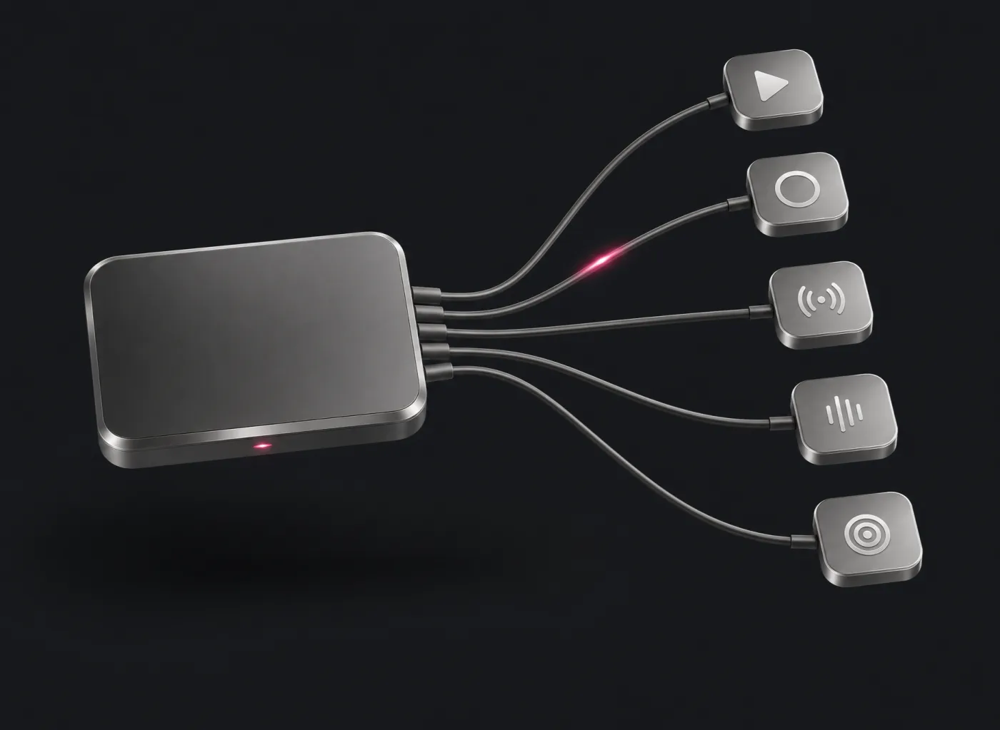 Módulo de titanio que reparte una señal por cinco cables hacia cinco destinos
