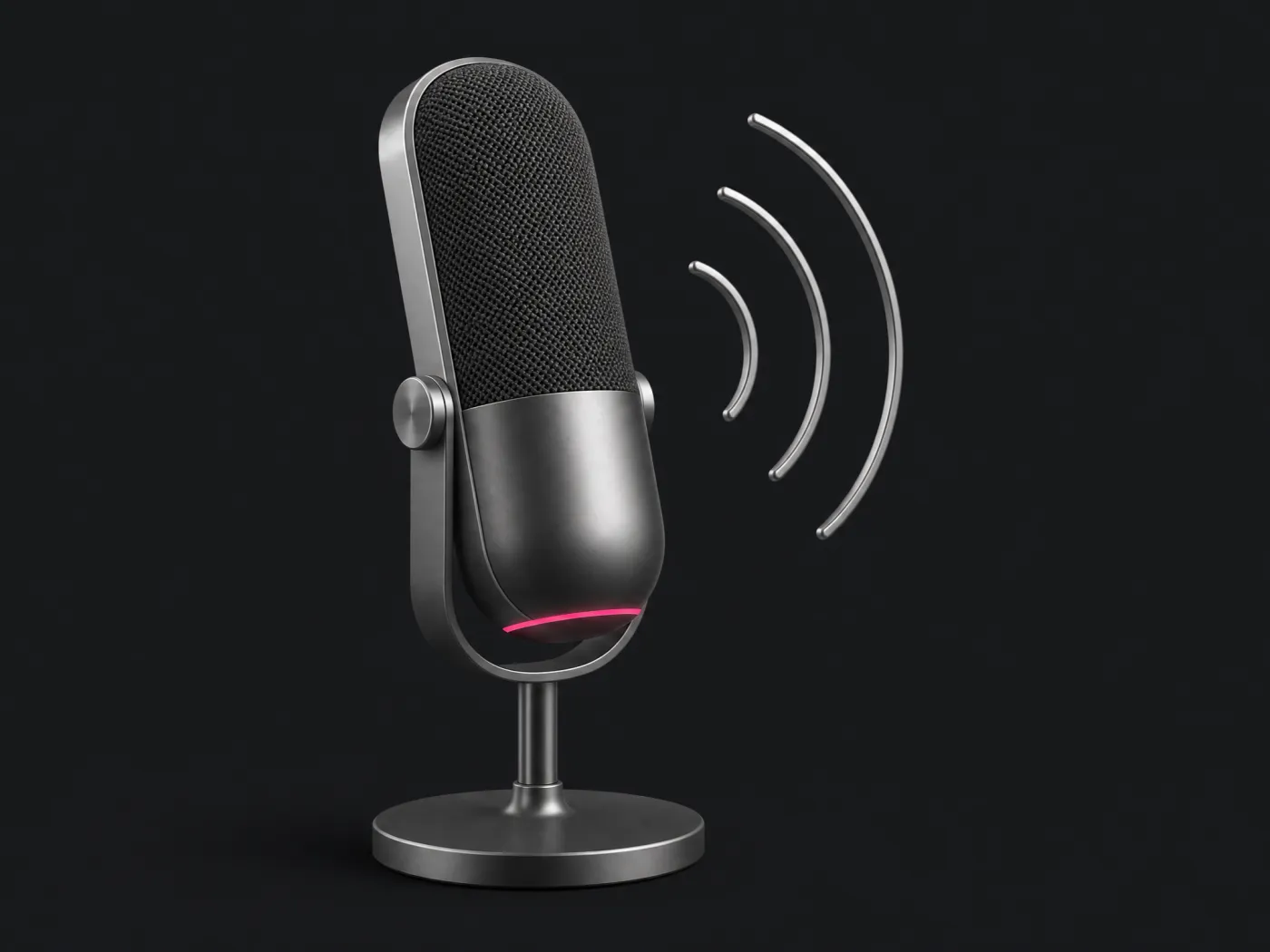 Micrófono de estudio de titanio con un anillo rosado al aire y ondas de sonido
