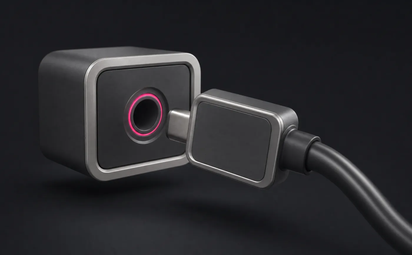 Titanium connector about to plug into a graphite module with a pink ring
