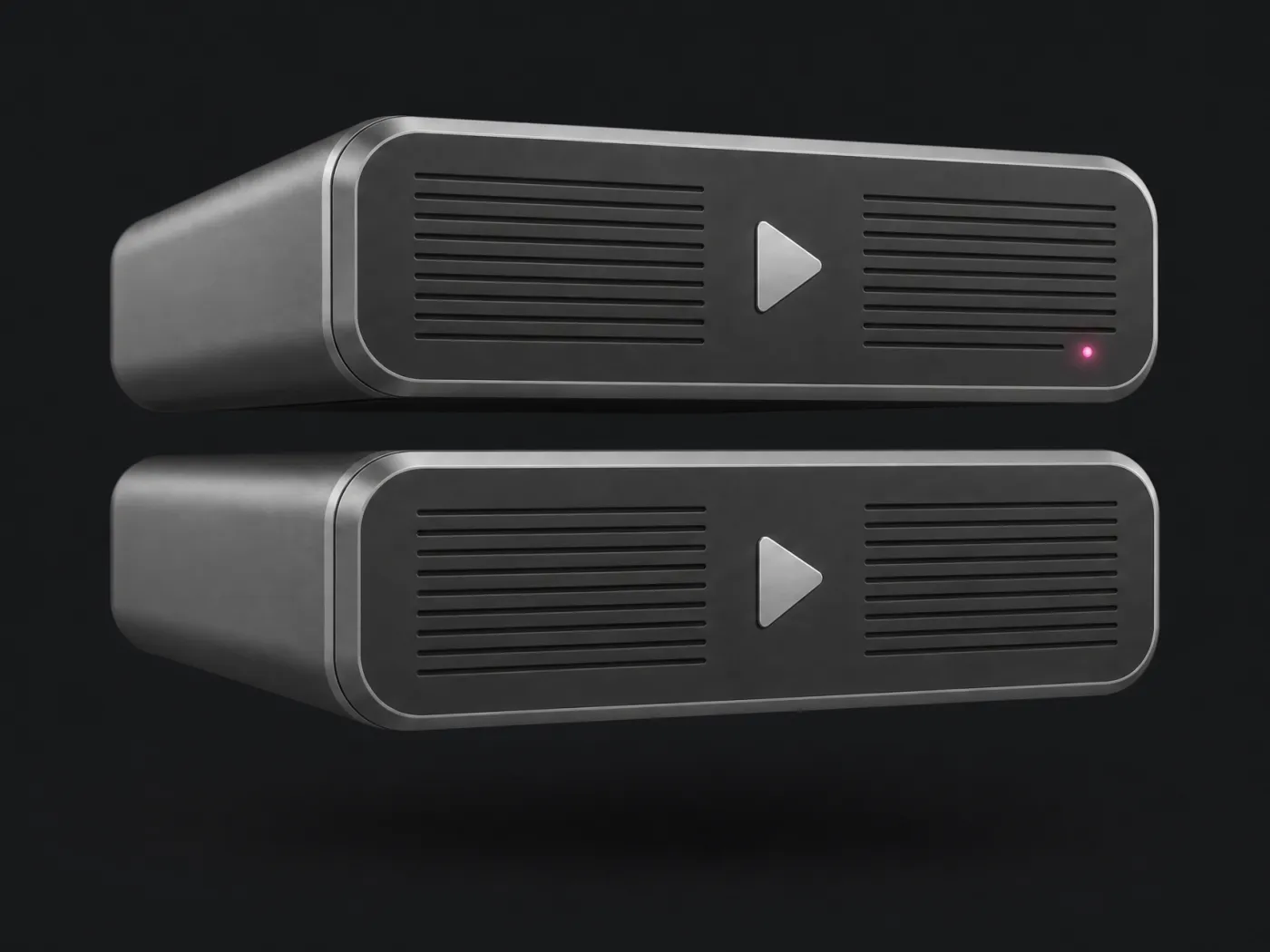 Two titanium server modules with a play symbol and a pink LED