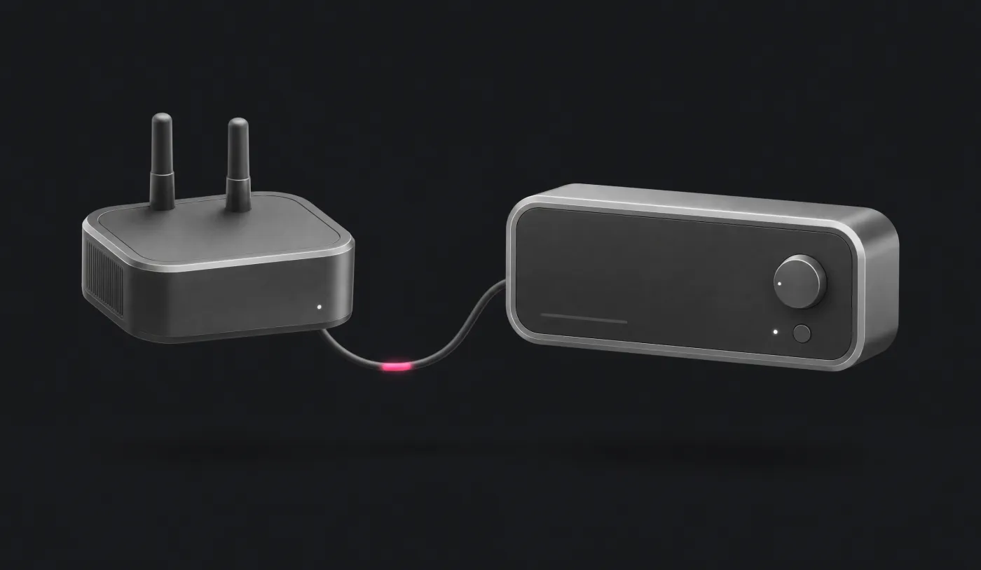 Encoder de campo de titanio unido por un cable a un receptor de estudio, con un tramo rosado que recupera un paquete