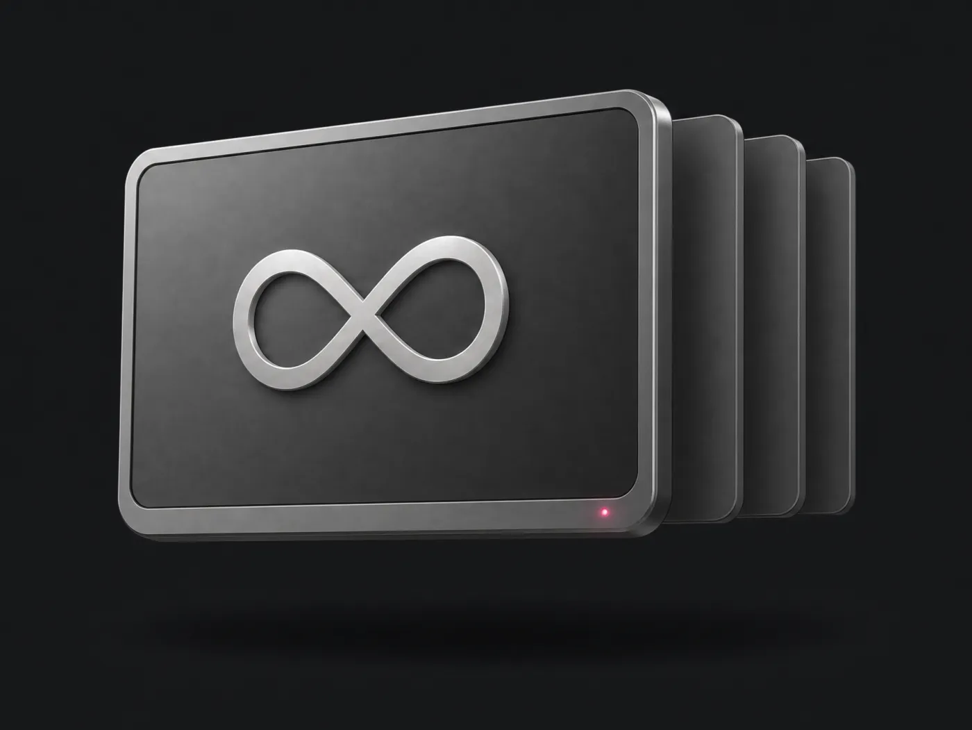 Pantalla de titanio con un símbolo de infinito y una pila de videos detrás